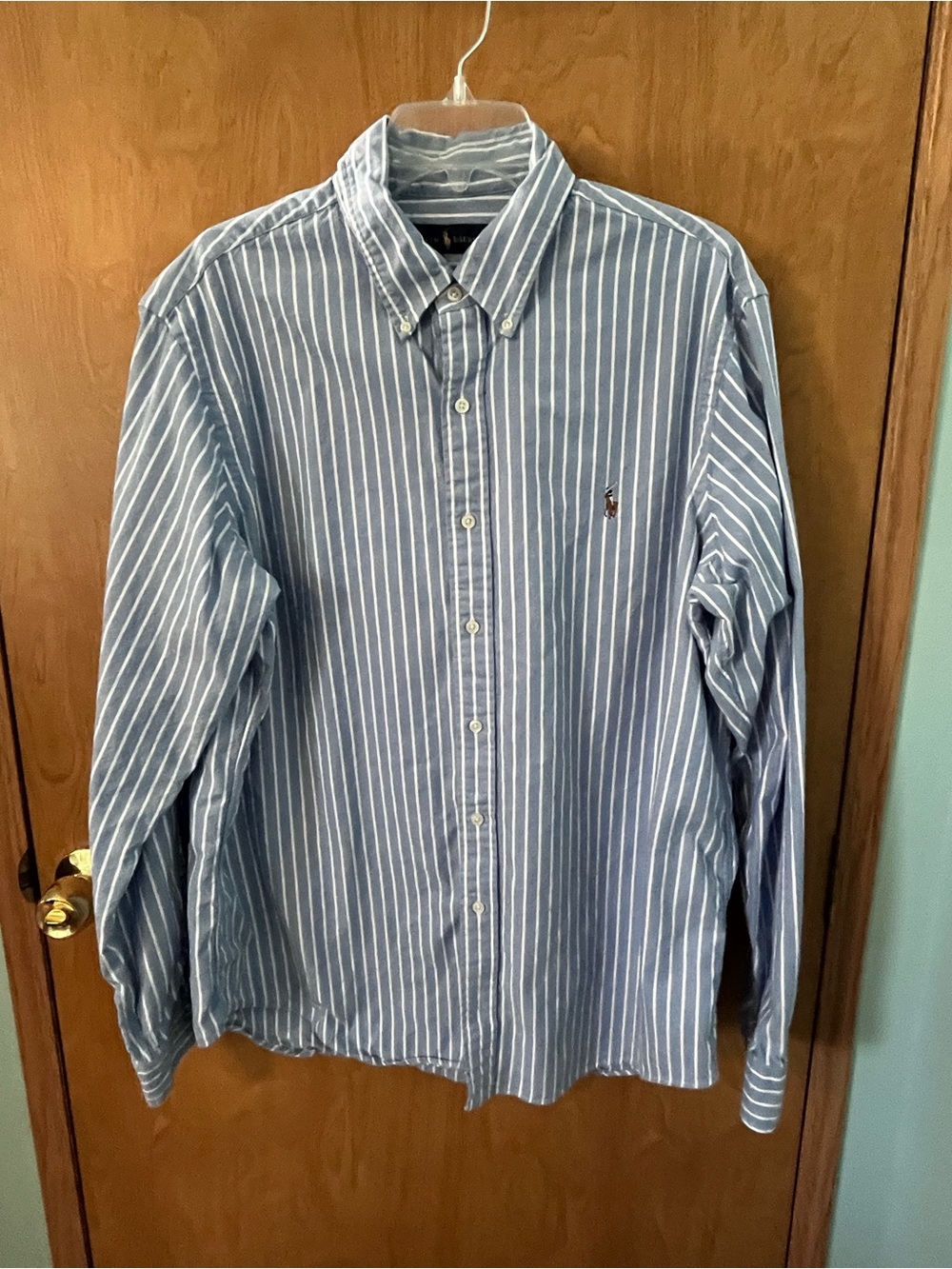 Ralph Lauren Blue & White Vertical Stripe Button-Down Brown Pony Size XL EUC